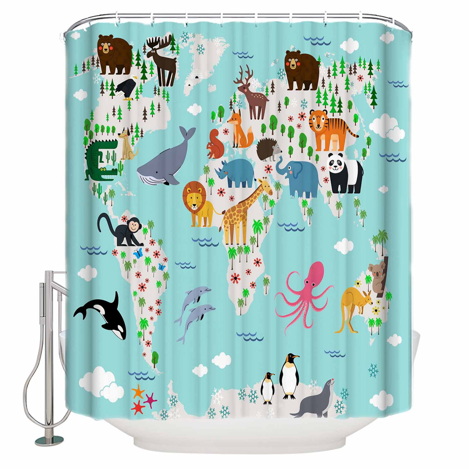 Shower Curtain Bathroom Set Abstract Map Cartoon Animals Waterproof ...