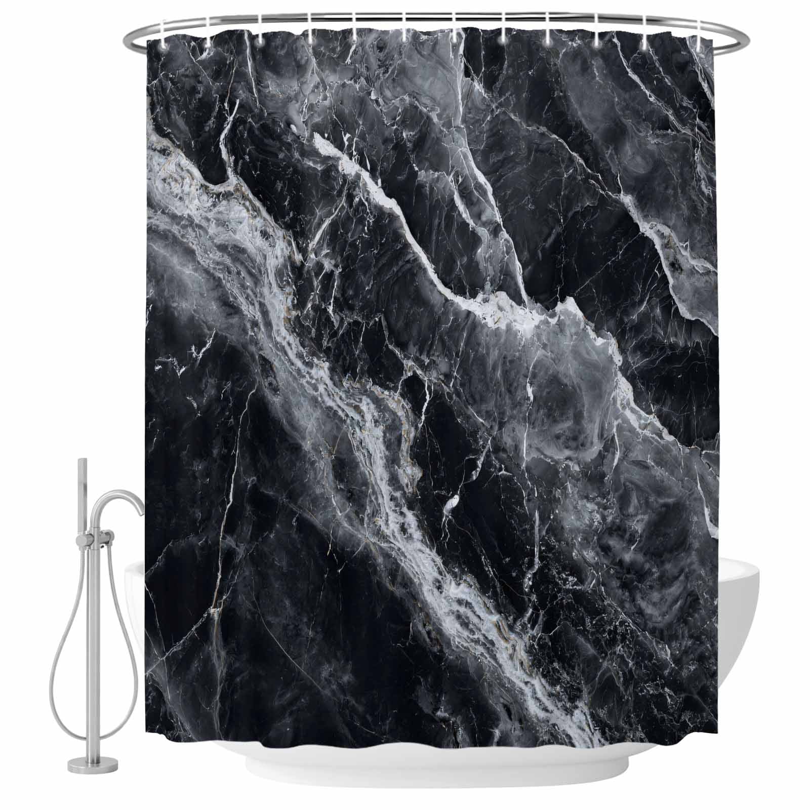 Shower Curtain Bathroom Set Abstract Marble Stone Texture Waterproof Fabric Shower Curtains with Grommets&Hooks, Black Privacy Bath Curtain for Bathtub 72x72in