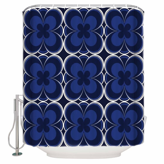Shower Curtain Bathroom Set Abstract Navy Blue Four Leaf Clovers Waterproof Fabric Shower Curtains with Grommets&Hooks Flower Texture Privacy Bath Curtain for Bathtub 72x72in