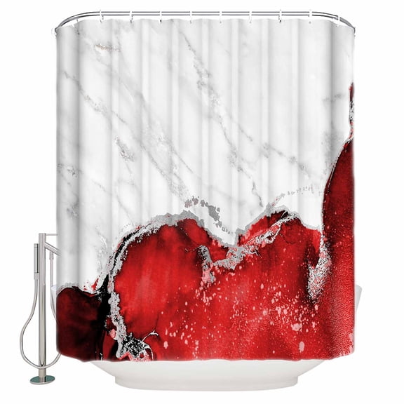 Shower Curtain Bathroom Set Abstract Red White Marble Texture Waterproof Fabric Shower Curtains with Grommets&Hooks Vintage Waves Line Privacy Bath Curtain for Bathtub 72x84in