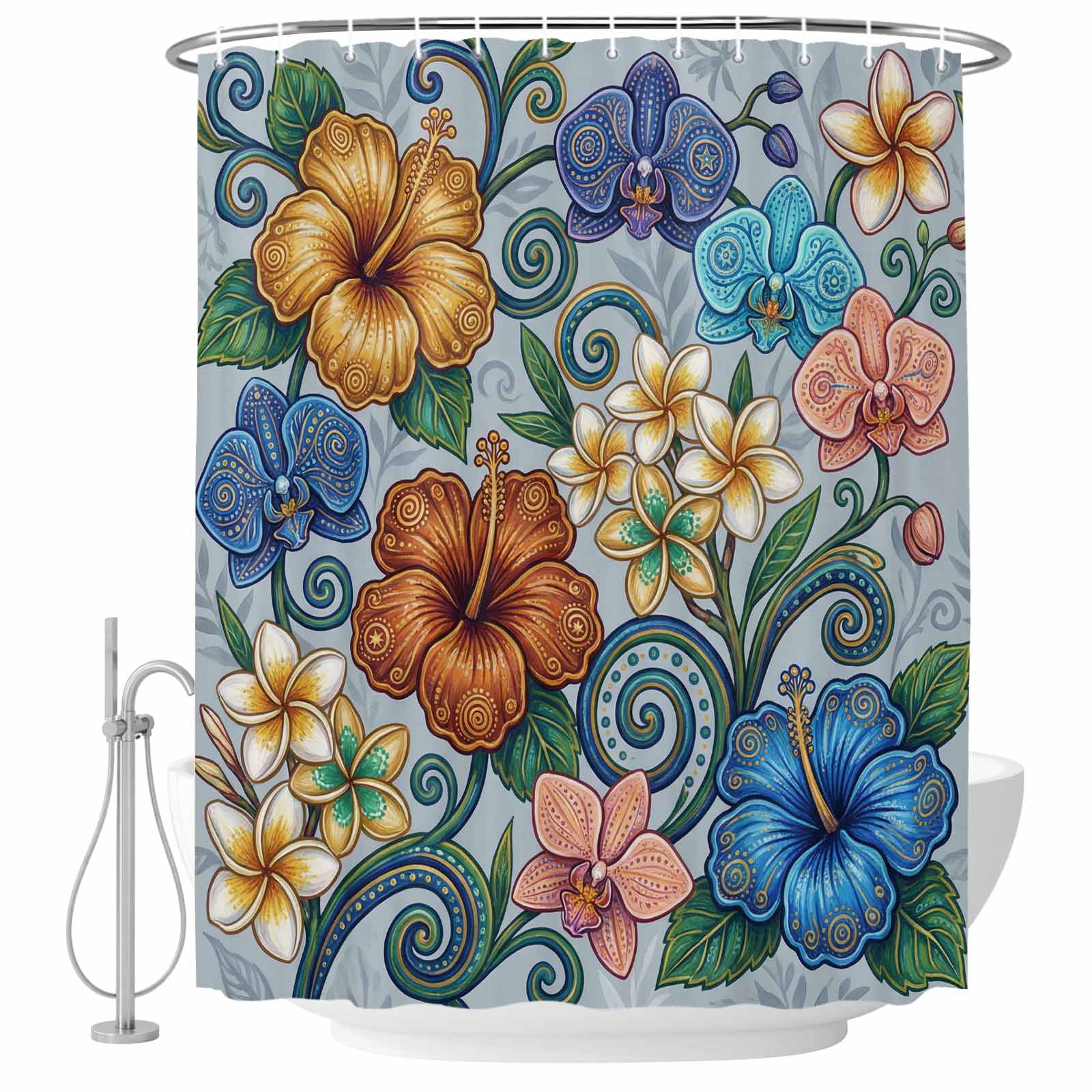 Shower Curtain Bathroom Set Abstract Retro Boho Flower Waterproof Fabric Shower Curtains with Grommets&Hooks, Blue Gold Flower Green Leaf Privacy Bath Curtain for Bathtub 72x72in