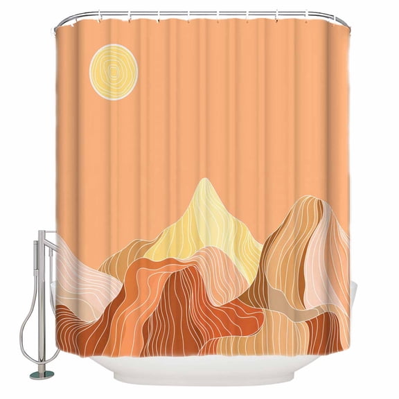 Shower Curtain Bathroom Set Abstract Sun Mountain Landscape Waterproof Fabric Shower Curtains with Grommets&Hooks Orange Yellow Theme White Line Privacy Bath Curtain for Bathtub 72x84in