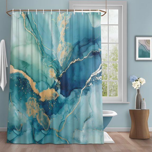 Shower Curtain Bathroom Set Abstracts Turquoise Marble Stripe Waterproof Fabric Shower Curtains with Grommets&Hooks, Farm Stone Texture Privacy Bath Curtain for Bathtub 72x84in