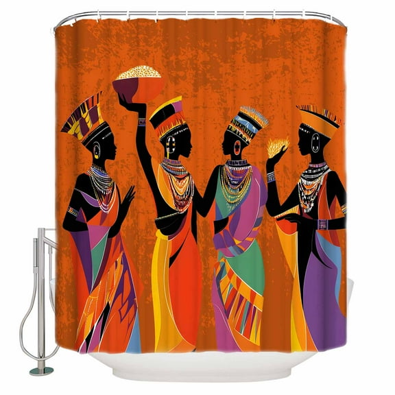 Shower Curtain Bathroom Set African Black Woman Ethnic Style Waterproof Fabric Shower Curtains with Grommets&Hooks Retro Orange Gradient Privacy Bath Curtain for Bathtub 36x72in