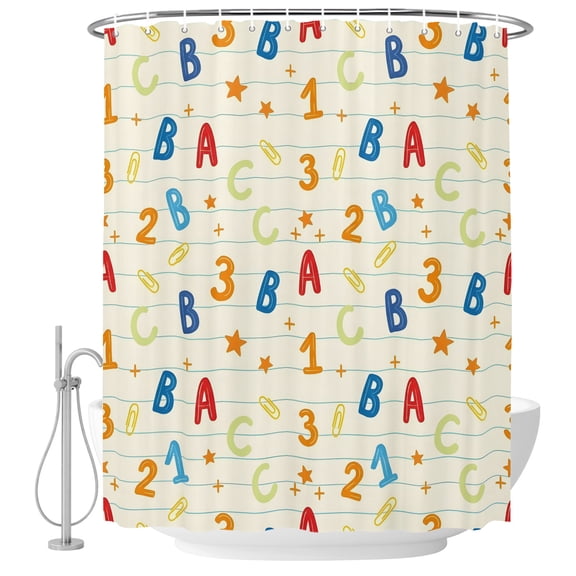 Shower Curtain Bathroom Set Alphabet Letters Numbers Waterproof Fabric Shower Curtains with Grommets&Hooks, Educational Learning Pattern Privacy Bath Curtain for Bathtub 72x72in