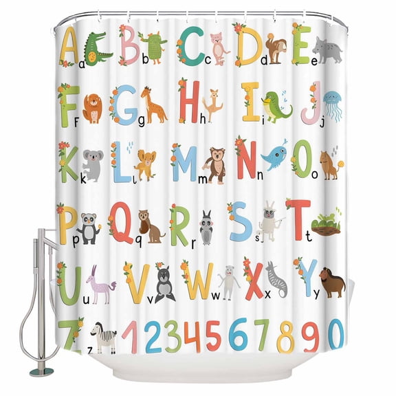 Shower Curtain Bathroom Set Alphabet Number Cartoon Animal Waterproof Fabric Shower Curtains with Grommets&Hooks English Letter Privacy Bath Curtain for Bathtub 36x72in
