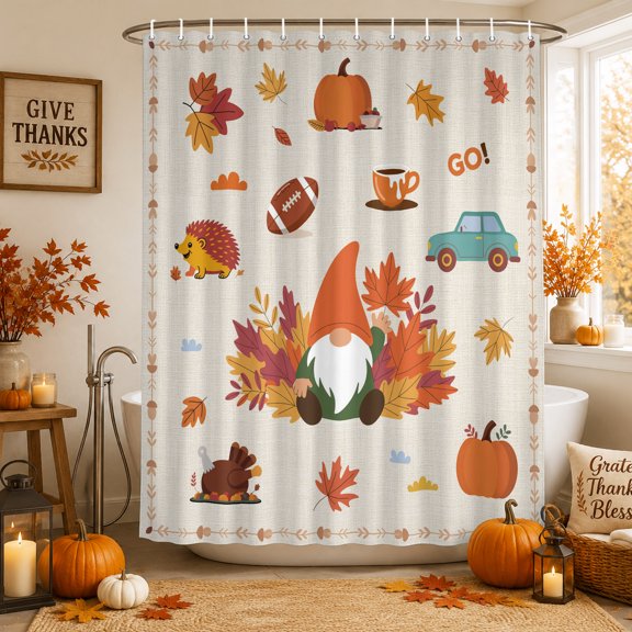 Shower Curtain Bathroom Set Autumn Gnome Maple Leaf on Linen Waterproof Fabric Shower Curtains with Grommets&Hooks, Thanksgiving Cartoon Theme Privacy Bath Curtain for Bathtub 48x72in