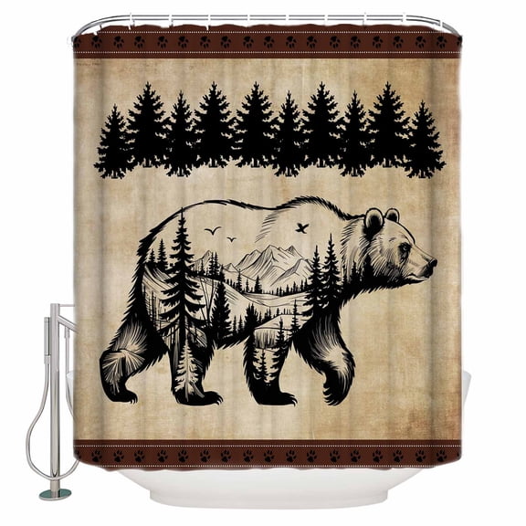 Shower Curtain Bathroom Set Bear Forest Mountains Animal Silhouette Waterproof Fabric Shower Curtains with Grommets&Hooks Vintage Brown Gradient Privacy Bath Curtain for Bathtub 36x72in