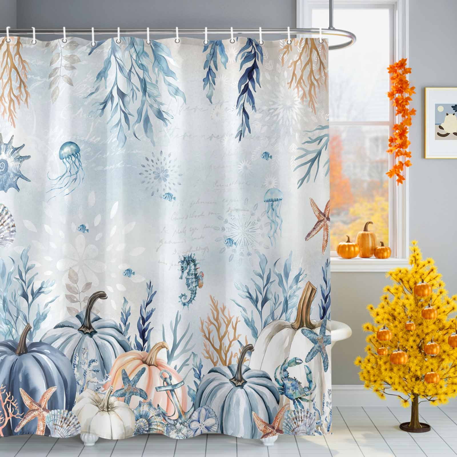Shower Curtain Bathroom Set Blue Pumpkin Thanksgiving Sea Starfish Coral Waterproof Fabric Shower Curtains with Grommets&Hooks Gradient Ocean Style Privacy Bath Curtain for Bathtub 36x72in