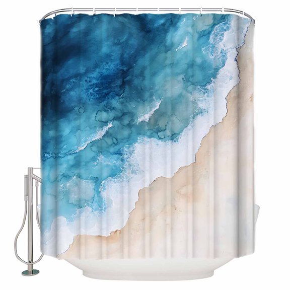 Shower Curtain Bathroom Set Blue Waves Summer Beach Waterproof Fabric Shower Curtains with Grommets&Hooks Gradient Water Ripples Privacy Bath Curtain for Bathtub 60x72in