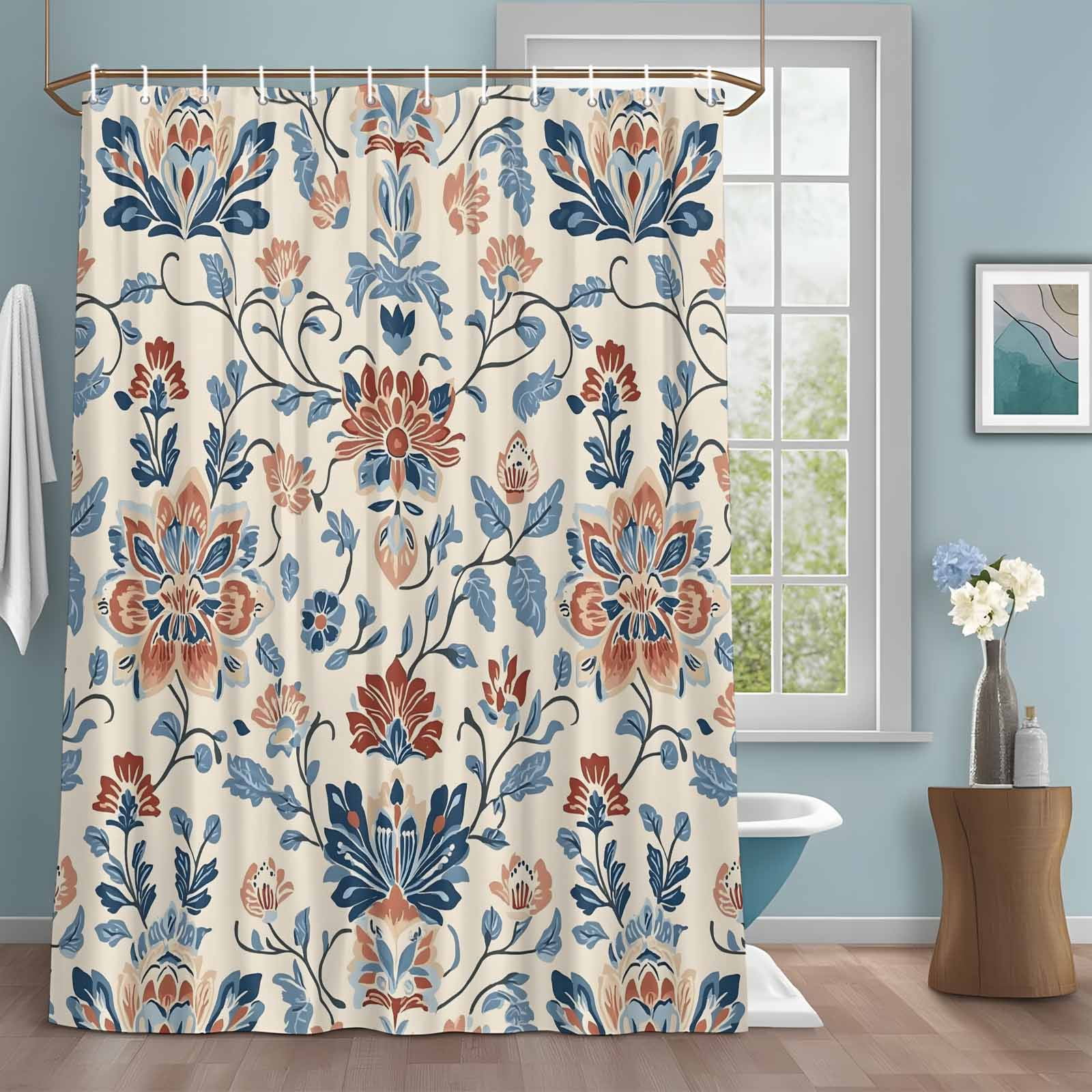 Shower Curtain Bathroom Set Boho Abstract Flower Botanical Waterproof Fabric Shower Curtains with Grommets&Hooks, Retro Ombre Blue Floral Privacy Bath Curtain for Bathtub 72x84in