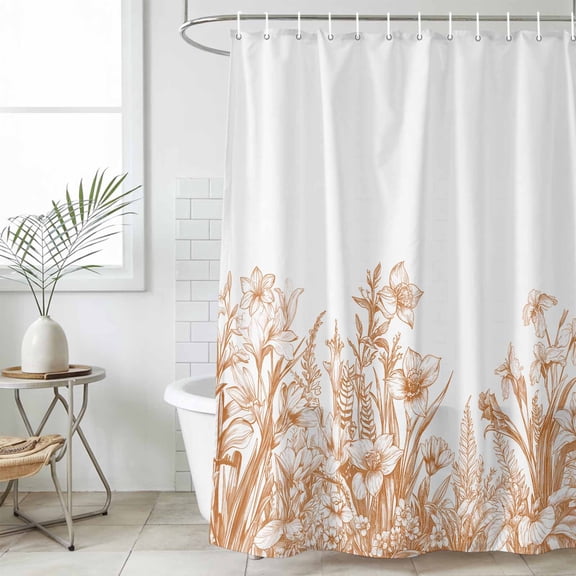 Shower Curtain Bathroom Set Brown Iris Flower Lavender on White Waterproof Fabric Shower Curtains with Grommets&Hooks, Country Plants Privacy Bath Curtain for Bathtub 60x72in