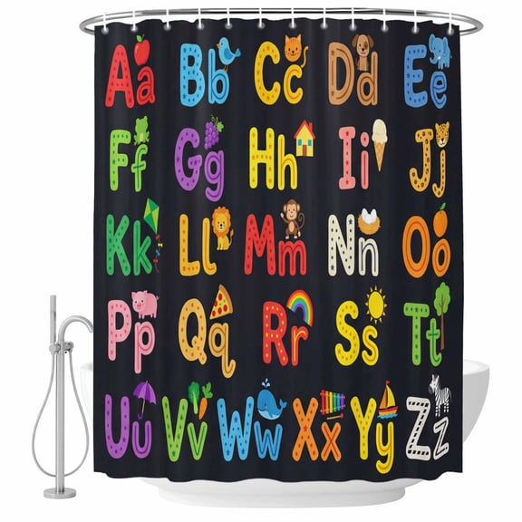 Shower Curtain Bathroom Set Cartoon Alphabet Cute Waterproof Fabric Shower Curtains with Grommets&Hooks, Colorful Letters Pattern Privacy Bath Curtain for Bathtub 36x72in