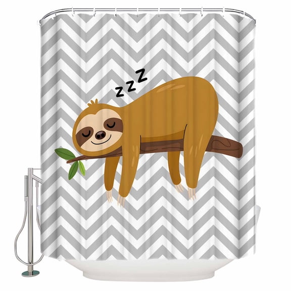 Shower Curtain Bathroom Set Cartoon Sloth Tree Branch Waterproof Fabric Shower Curtains with Grommets&Hooks Gray Chevron Stripe Animal Privacy Bath Curtain for Bathtub 48x72in