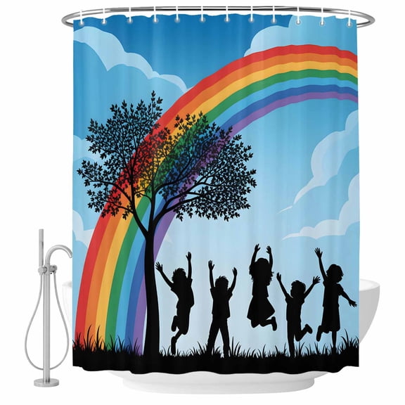 Shower Curtain Bathroom Set Children's Day Silhouettes Waterproof Fabric Shower Curtains with Grommets&Hooks, Sky Rainbow Trees Privacy Bath Curtain for Bathtub 72x72in