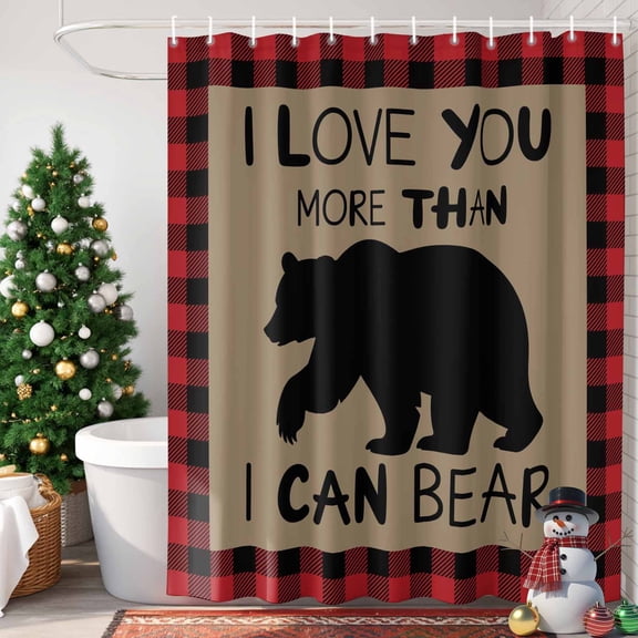 Shower Curtain Bathroom Set Christmas Forest Bear Shadow Waterproof Fabric Shower Curtains with Grommets&Hooks Vintage Red Black Buffalo Plaid Privacy Bath Curtain for Bathtub 72x72in