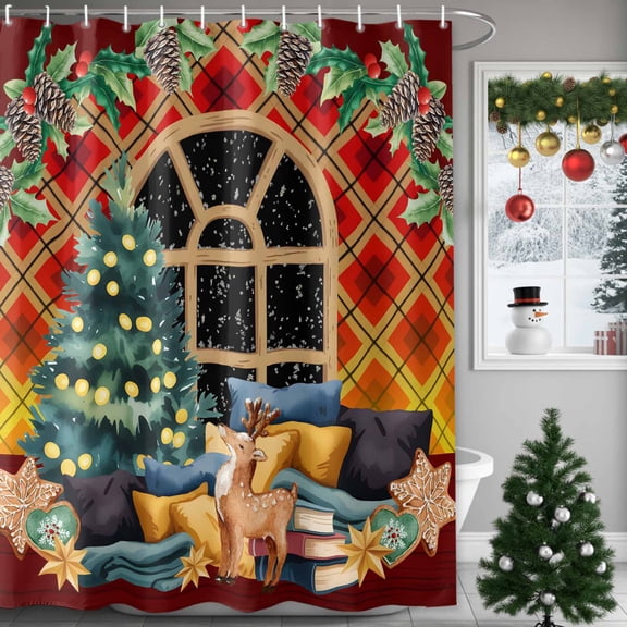 Shower Curtain Bathroom Set Christmas Tree Biscuit Reindeer on Wooden Board Waterproof Fabric Shower Curtains with Grommets&Hooks Winter Holly Leaves Privacy Bath Curtain for Bathtub 60x72in