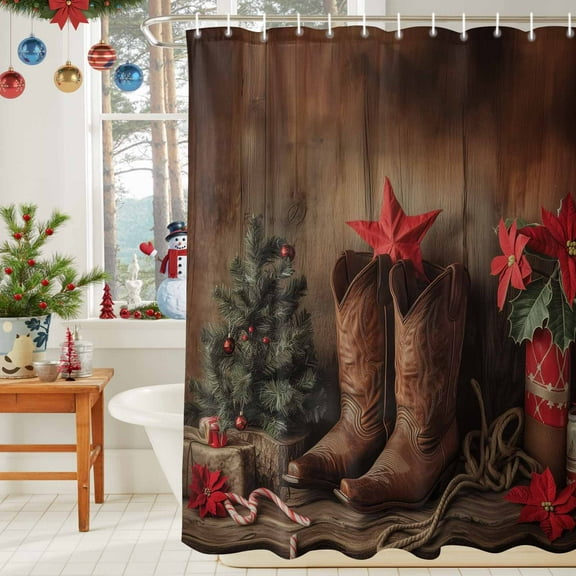 Shower Curtain Bathroom Set Christmas Tree Star Western Cowboy Boots Waterproof Fabric Shower Curtains with Grommets&Hooks Farm Retro Wood Board Privacy Bath Curtain for Bathtub 36x72in