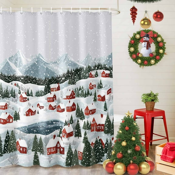 Shower Curtain Bathroom Set Christmas Tree Winter Snow Scene Waterproof Fabric Shower Curtains with Grommets&Hooks Retro Town Red House Privacy Bath Curtain for Bathtub 36x72in