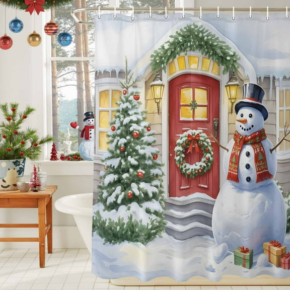 Shower Curtain Bathroom Set Christmas Trees House Waterproof Fabric Shower Curtains with Grommets&Hooks Winter Snowman Privacy Bath Curtain for Bathtub 36x72in