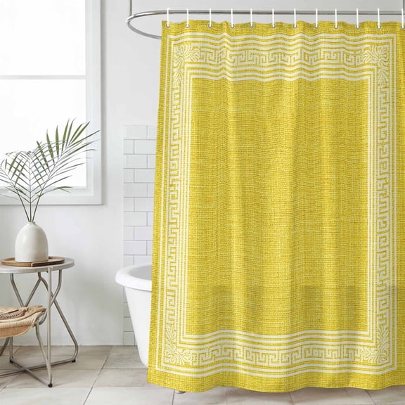 Shower Curtain Bathroom Set Classic Greek Geometric Key Pattern Waterproof Fabric Shower Curtains with Grommets&Hooks, Retro Linen Yellow Privacy Bath Curtain for Bathtub 60x72in