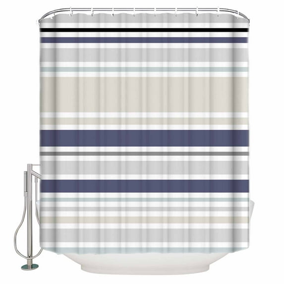 Shower Curtain Bathroom Set Classic Stripes Retro Waterproof Fabric Shower Curtains with Grommets&Hooks Blue Beige White Privacy Bath Curtain for Bathtub 36x72in