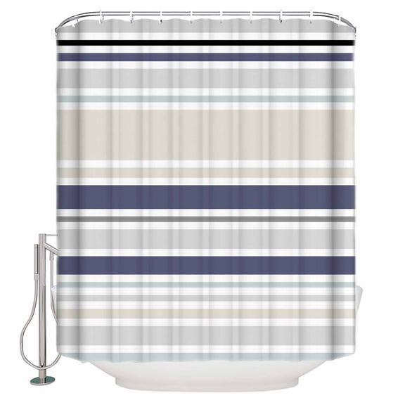 Shower Curtain Bathroom Set Classic Stripes Retro Waterproof Fabric Shower Curtains with Grommets&Hooks Blue Beige White Privacy Bath Curtain for Bathtub 72x72in