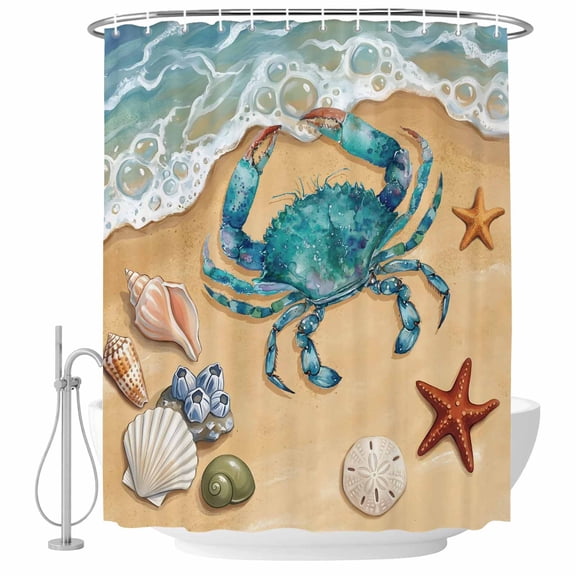 Shower Curtain Bathroom Set Coastal Sea Crab Shell Conch Starfish Waterproof Fabric Shower Curtains with Grommets&Hooks, Marine Life Beach Theme Privacy Bath Curtain for Bathtub 36x72in