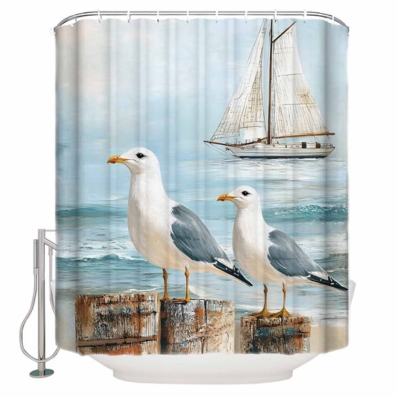 Shower Curtain Bathroom Set Coastal Seaside Seagull Retro Sailboat Waterproof Fabric Shower Curtains with Grommets&Hooks Watercolor Ocean Beach Privacy Bath Curtain for Bathtub 72x72in