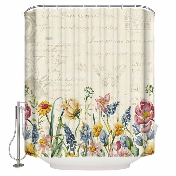 Shower Curtain Bathroom Set Country Flower Watercolor Wildflower Waterproof Fabric Shower Curtains with Grommets&Hooks Vintage Stamps Letter Privacy Bath Curtain for Bathtub 48x72in