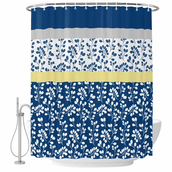 Shower Curtain Bathroom Set Country Leaves Dark Blue Waterproof Fabric Shower Curtains with Grommets&Hooks, Stitching Stripes Privacy Bath Curtain for Bathtub 72x72in