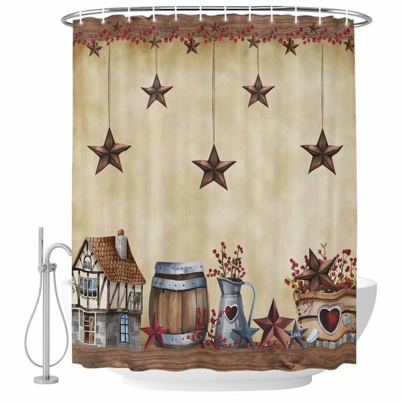 Shower Curtain Bathroom Set Country Star Farm House Barrel Waterproof Fabric Shower Curtains with Grommets&Hooks, Berry Retro Wooden Privacy Bath Curtain for Bathtub 36x72in