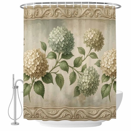 Shower Curtain Bathroom Set Cream Gold Hydrangeas Waterproof Fabric Shower Curtains with Grommets&Hooks, Farm Floral Art Privacy Bath Curtain for Bathtub 36x72in
