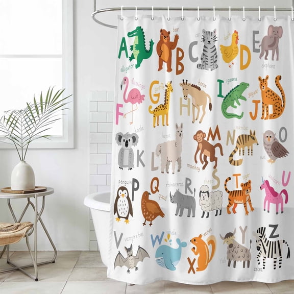 Shower Curtain Bathroom Set Cute Animal Alphabet Waterproof Fabric Shower Curtains with Grommets&Hooks, Educational Letters Poster Privacy Bath Curtain for Bathtub 48x72in