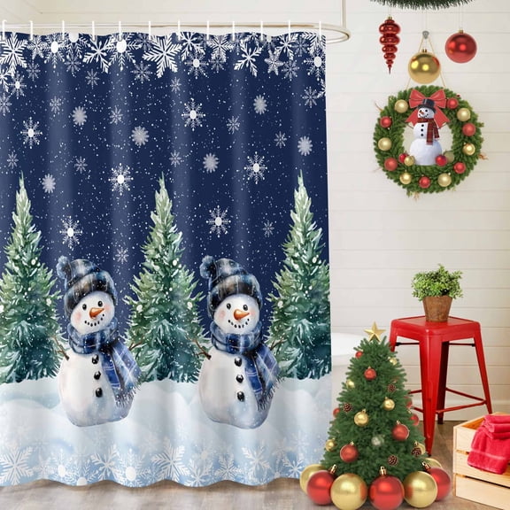 Shower Curtain Bathroom Set Cute Snowman Green Christmas Tree Waterproof Fabric Shower Curtains with Grommets&Hooks Winter Snowflakes on Dark Blue Privacy Bath Curtain for Bathtub 60x72in