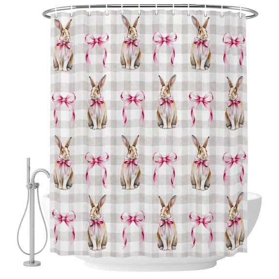 Shower Curtain Bathroom Set Easter Rabbit Pink Bow Waterproof Fabric Shower Curtains with Grommets&Hooks, Seamless Bunny Gray Buffalo Plaid Privacy Bath Curtain for Bathtub 72x72in