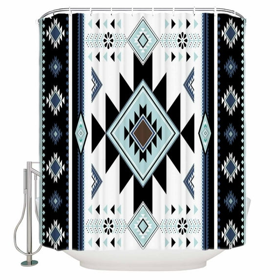 Shower Curtain Bathroom Set Ethnic Tribal Aztec Geometric Pattern Waterproof Fabric Shower Curtains with Grommets&Hooks Blue Black White Privacy Bath Curtain for Bathtub 48x72in
