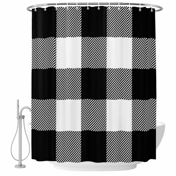 Shower Curtain Bathroom Set Farm Buffalo Plaid Waterproof Fabric Shower Curtains with Grommets&Hooks, Rustic Black and White Grid Privacy Bath Curtain for Bathtub 36x72in