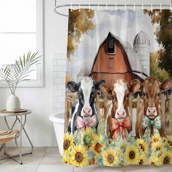 Shower Curtain Bathroom Set Farm Cattle Yellow Sunflower Waterproof Fabric Shower Curtains with Grommets&Hooks, Retro Farmhouse Barn Privacy Bath Curtain for Bathtub 48x72in