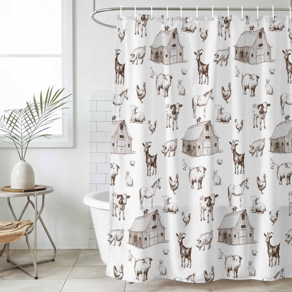 Shower Curtain Bathroom Set Farm Cow Pig Chicken Goat Waterproof Fabric Shower Curtains with Grommets&Hooks, Farmhouse Barn Animal Privacy Bath Curtain for Bathtub 48x72in
