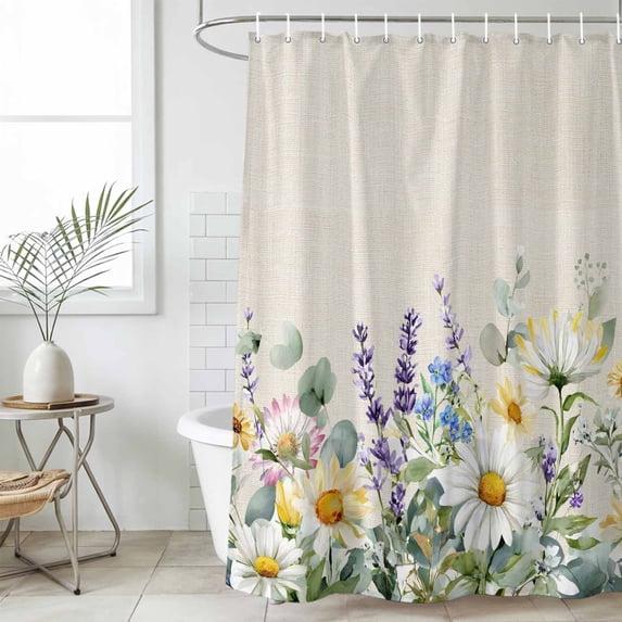 Shower Curtain Bathroom Set Farm Daisy Floral Eucalyptus Leaves Waterproof Fabric Shower Curtains with Grommets&Hooks, Summer Flower Vintage Linen Privacy Bath Curtain for Bathtub 60x72in