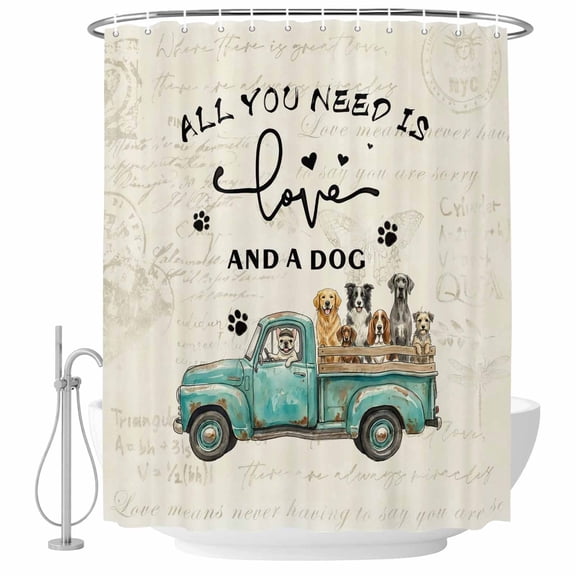 Shower Curtain Bathroom Set Farm Green Old-fashioned Trucks Dog Waterproof Fabric Shower Curtains with Grommets&Hooks, Vintage Dog Paw Privacy Bath Curtain for Bathtub 72x72in