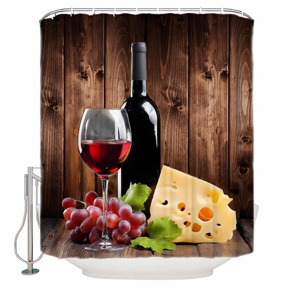 Shower Curtain Bathroom Set Farm Red Wine Grape Vintage Wood Board Waterproof Fabric Shower Curtains with Grommets&Hooks Cheese Fruit Wine Glass Privacy Bath Curtain for Bathtub 72x72in
