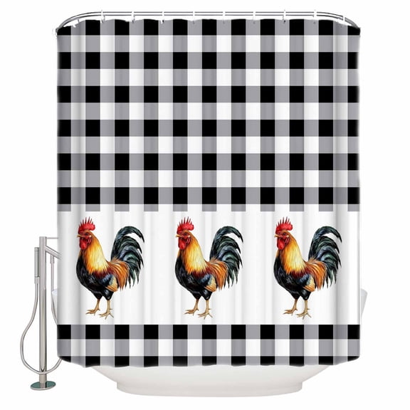 Shower Curtain Bathroom Set Farm Rooster Black Buffalo Plaid Waterproof Fabric Shower Curtains with Grommets&Hooks Watercolor Animal Chicken Privacy Bath Curtain for Bathtub 36x72in