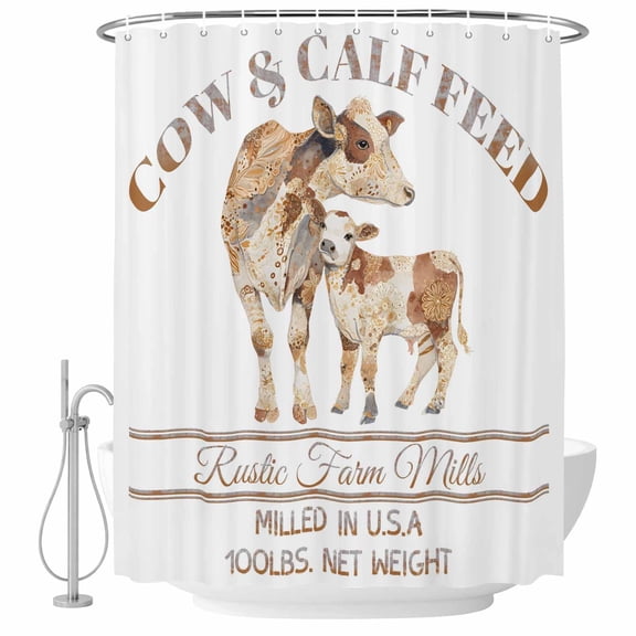 Shower Curtain Bathroom Set Farmhouse Cow Calf Waterproof Fabric Shower Curtains with Grommets&Hooks, Farm Brown Animal Privacy Bath Curtain for Bathtub 36x72in
