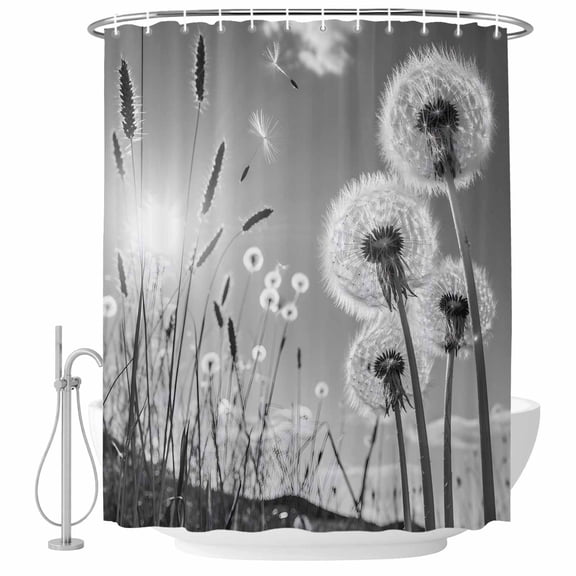 Shower Curtain Bathroom Set Farmhouse Grey Field Dandelion Rural Plant Waterproof Fabric Shower Curtains with Grommets&Hooks, Idyllic Botanical Privacy Bath Curtain for Bathtub 72x72in