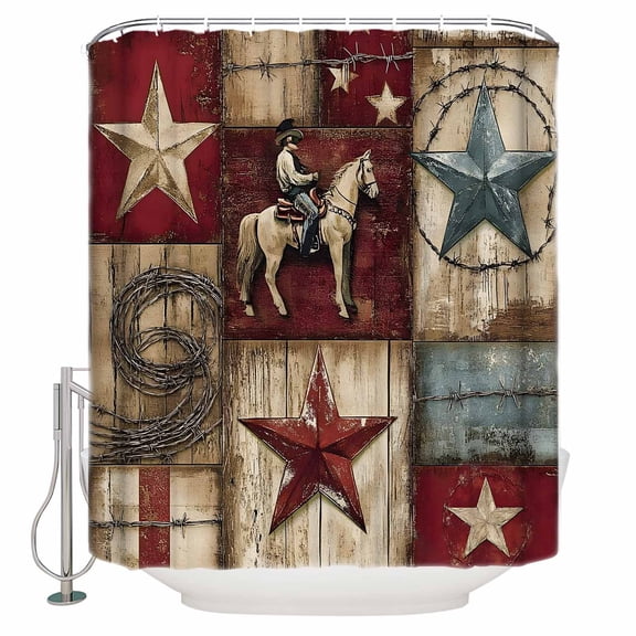 Shower Curtain Bathroom Set Farmhouse Western Cowboy Vintage Wood Waterproof Fabric Shower Curtains with Grommets&Hooks Rustic Stars Horse Privacy Bath Curtain for Bathtub 36x72in