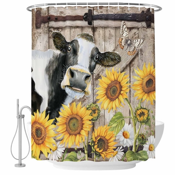 Shower Curtain Bathroom Set Farmhouses Cows Sunflower Daisy Leaves Waterproof Fabric Shower Curtains with Grommets&Hooks, Vintage Barn Privacy Bath Curtain for Bathtub 72x72in