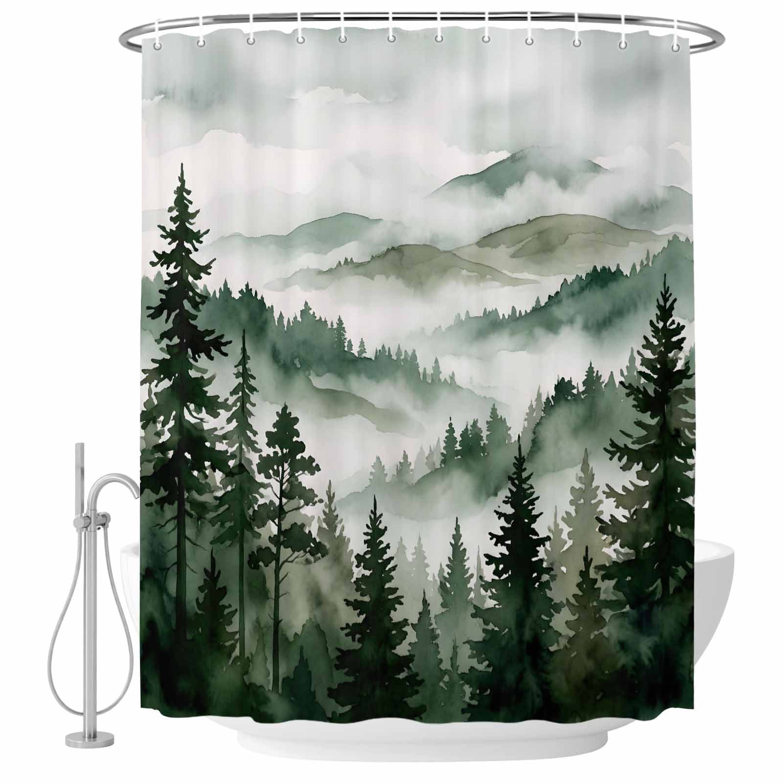 Shower Curtain Bathroom Set Forest Green Gradient Tree Mountain Waterproof Fabric Shower Curtains with Grommets&Hooks, Natural Scenery Privacy Bath Curtain for Bathtub 36x72in