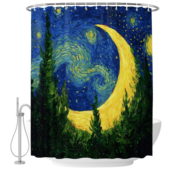 Shower Curtain Bathroom Set Giant Moon Forest Expressionist Art Waterproof Fabric Shower Curtains with Grommets&Hooks, Dreamy Night Navy Blue Privacy Bath Curtain for Bathtub 36x72in